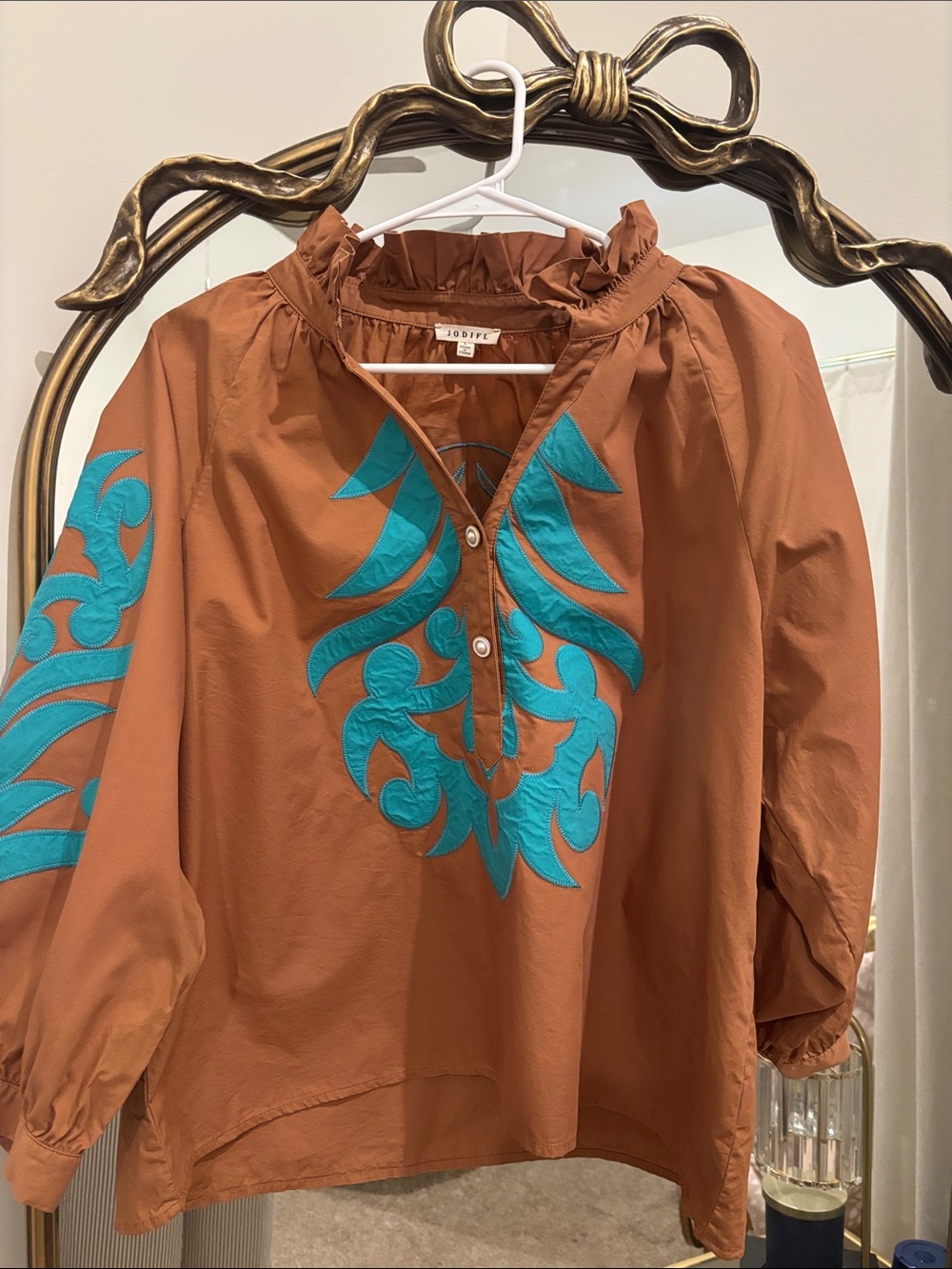 JODIFL Rust Tunic with Turquoise Embroidery